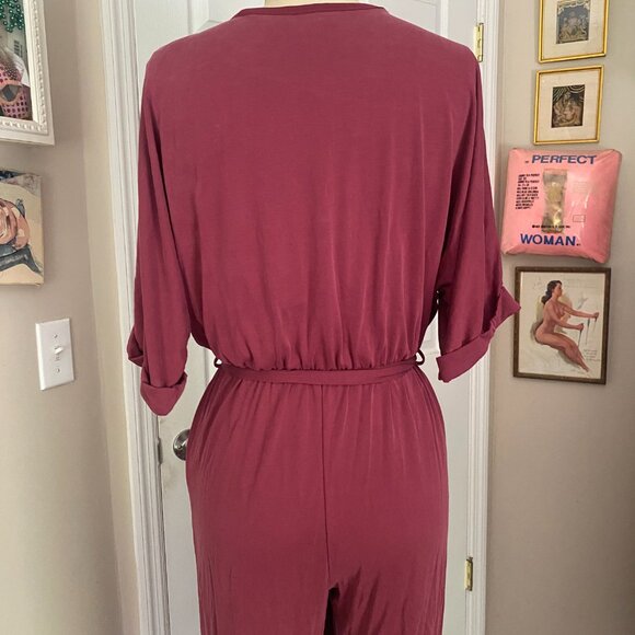 emory park MAUVE stretchy Low Plunge V neck Smocked Belted Romper Jumpsuit *SML* - Picture 5 of 6
